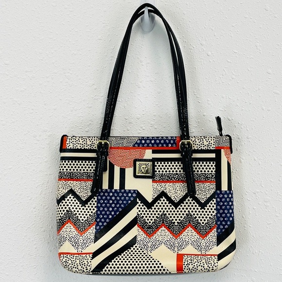Anne Klein Handbag Multicolor Chevron Polka Dot Stripe Faux Leather Patent Trim‎ - Picture 1 of 10